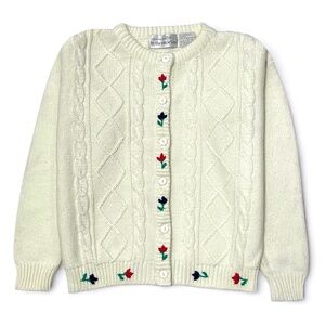 Eagle’s Eye Vtg Girls Floral Embroidered Cream Cable Knit Cardigan Sweater 12/14